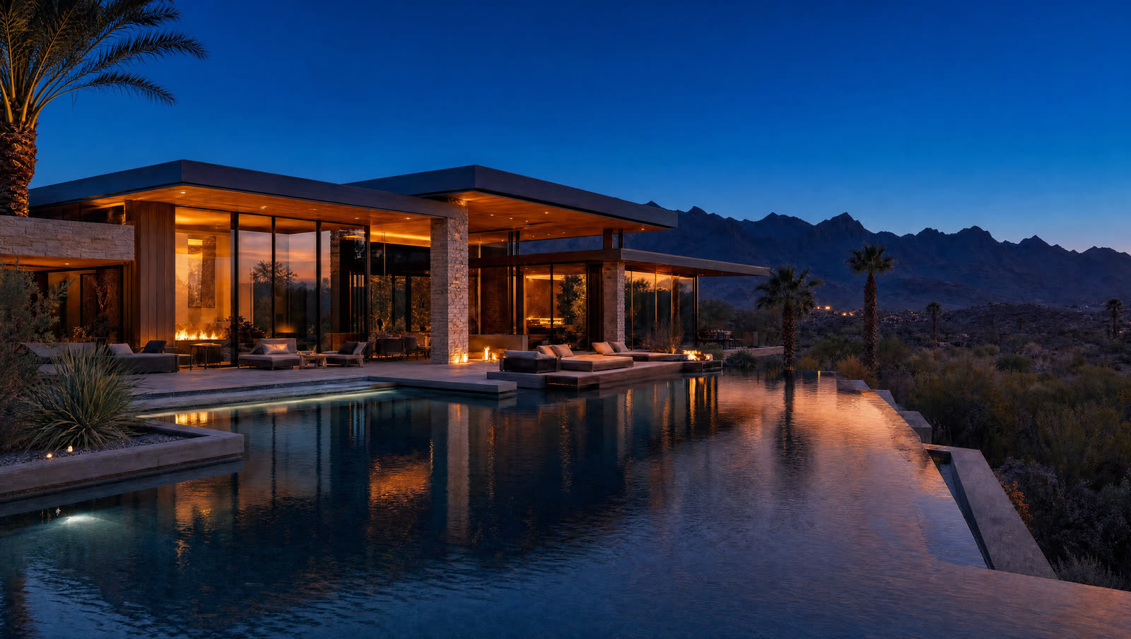 The villa at twilight, warm lights on